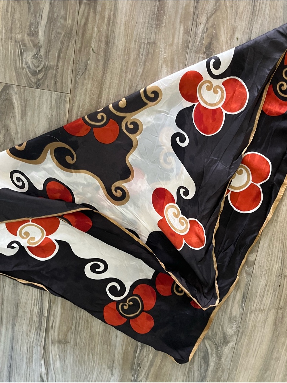 Red and Black Floral-Print Women's Scarf with Gold Accents - bought in Paris